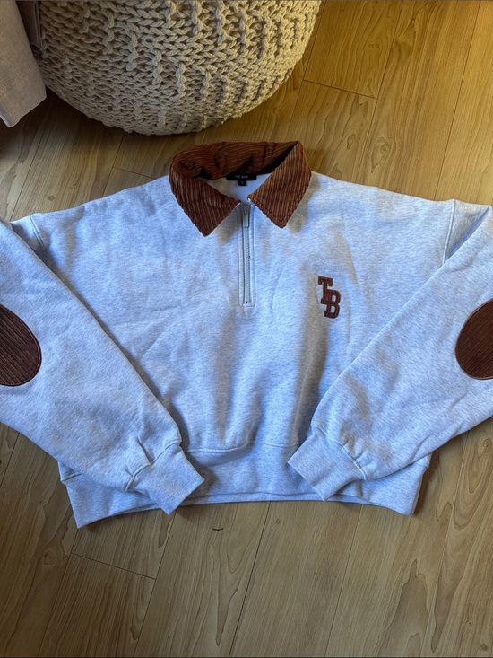 The Bar Sweaters - The Bar Light Gray Sweatshirt with Brown Corduroy Collar & Elbow Patches